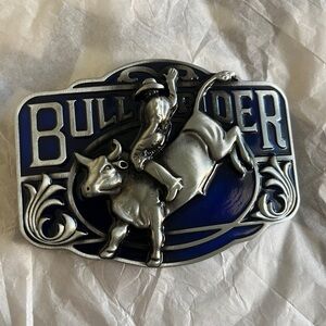 Bull Rider Silver and Blue Belt Buckle